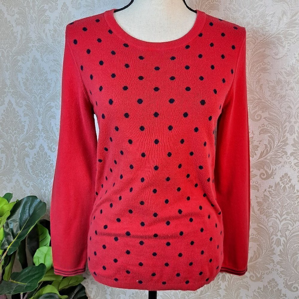 Tommy Hilfiger Size Medium Red with Blue Polka Dots Crew Neck Sweater EUC